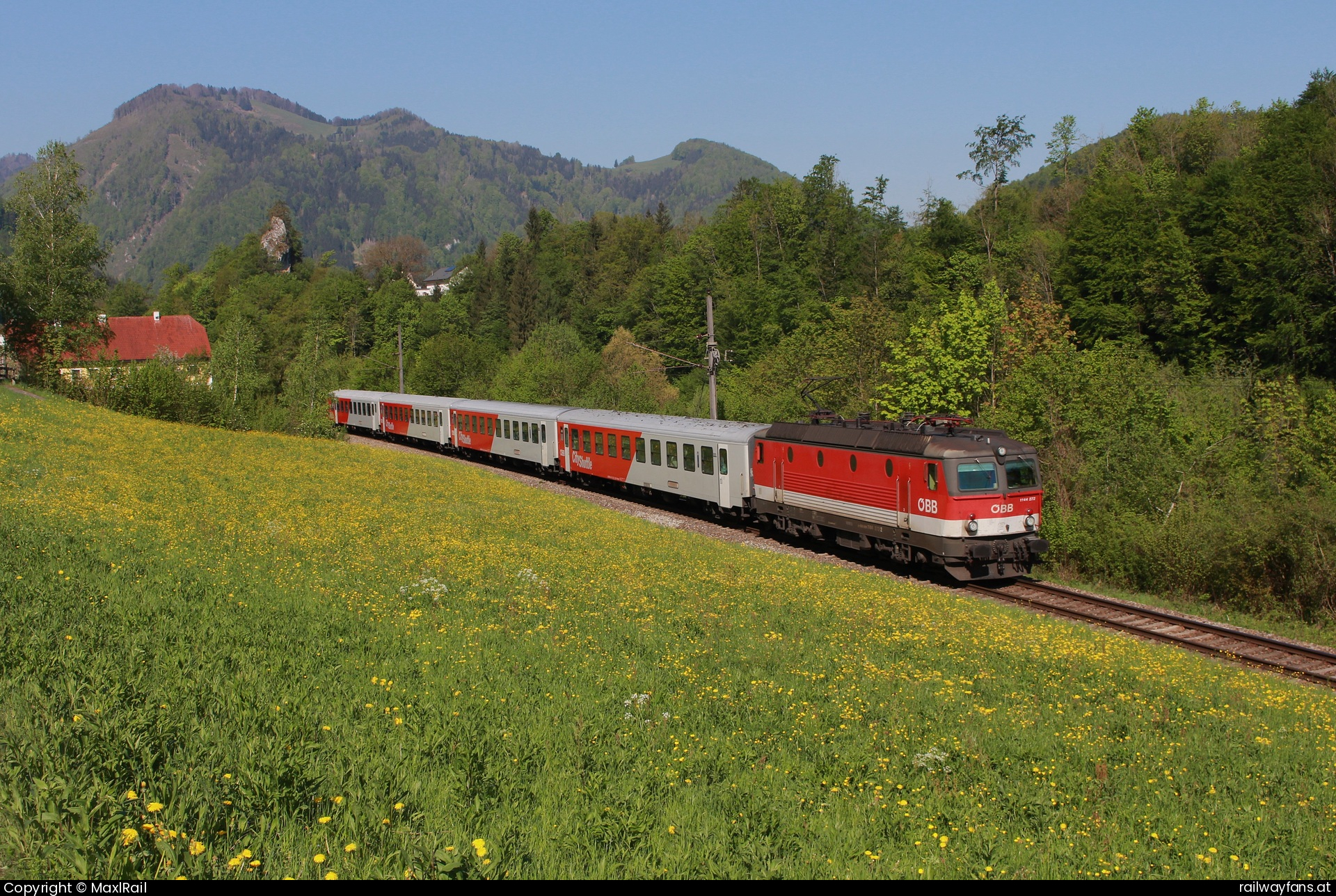 ÖBB 1144 272 in Ternberg mit dem REX 3607 - Im Traunviertel entlang der Enns führt die Kronprinz Rudolf Bahn von St.Valentin in Richtung Süden entlang von malerischer Landschaft und durch kleine Ortschaften.
Hier fährt am 28.4.2025 die 1144 272 mit dem REX3607 von Linz Hbf nach Kleinreifling kurz hinter Trattenbach ihrem Ziel entgegen.
Dieser ist einer von zwei Wendezugumläufen auf dieser Strecker und soll im Juni durch Triebwagen ersetzt werden.  Kronprinz Rudolf-Bahn Railwayfans
